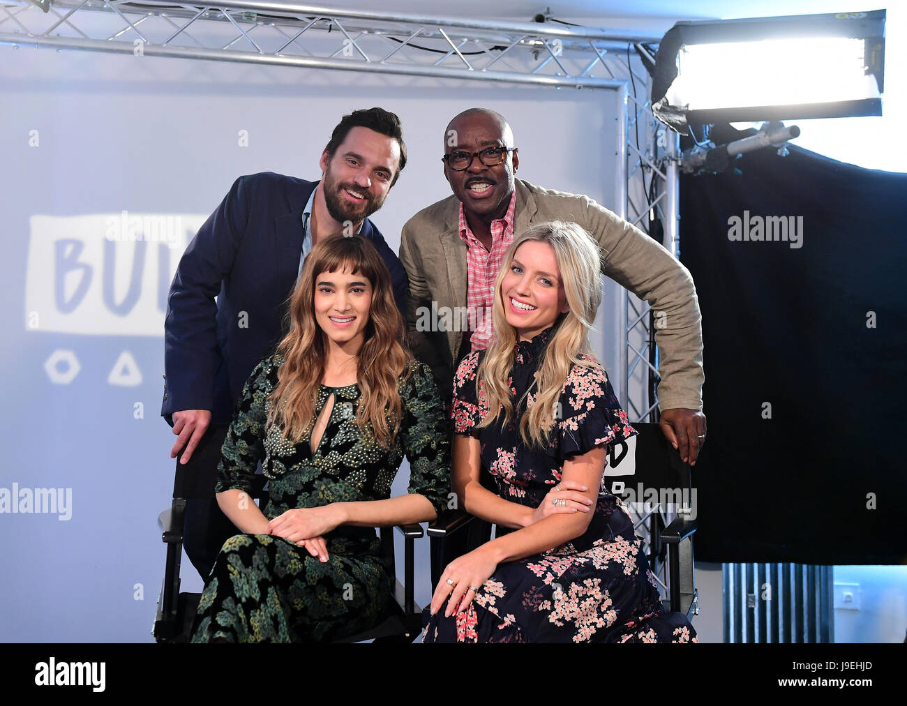 (In senso orario a partire da sinistra) Jake Johnson, Courtney B. Vance, Annabelle Wallis e Sofia Boutella durante la creazione di una build serie evento per promuovere la mummia, tenutosi a Shropshire House, Londra. Foto Stock