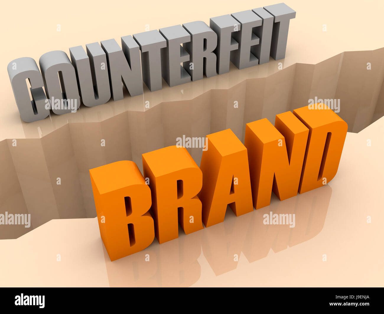 Due parole contraffazione di marchio e split su lati, separazione crack. Concetto 3D'illustrazione. Foto Stock
