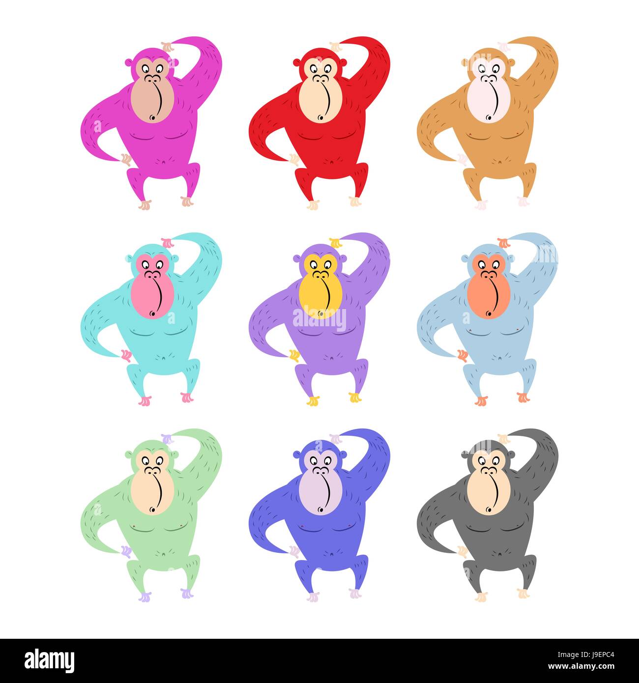 Set di scimmie colorati. Funny gorilla. Carino il primato di diversi colori. Animali selvatici da giungla. Illustrazione Vettoriale