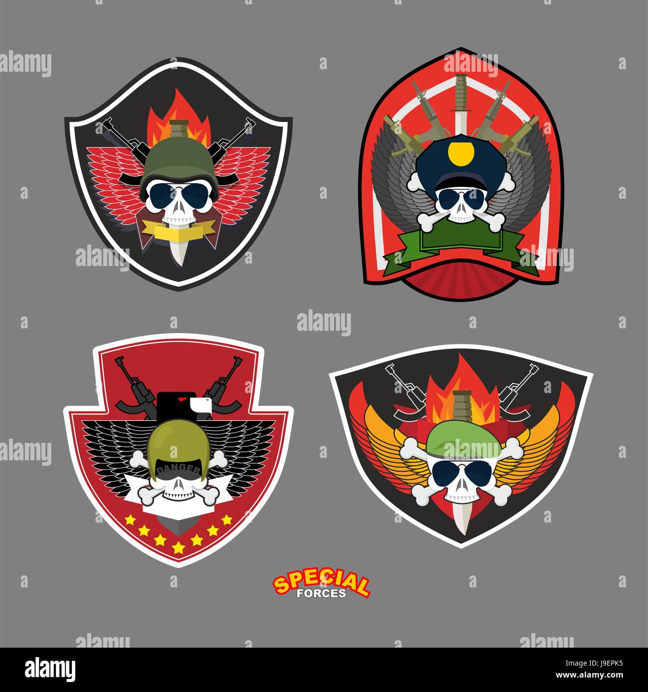 Impostare militari armati e etichette logo. Cranio, Eagle e armi.illustrazione vettoriale Illustrazione Vettoriale