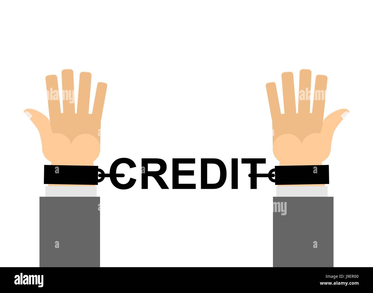 Mani ammanettati con catene di credito. Schiavitù finanziaria. Il nostro cash loan. Banca manette. Illustrazione Vettoriale