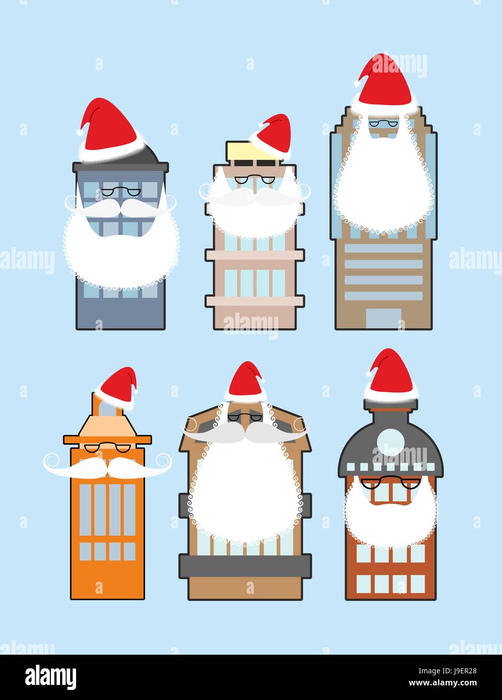 Insieme di edifici con barba e baffi Santa Claus. La decorazione delle case per il Natale. Abbigliamento festivo per grattacieli. Illustrazione Vettoriale