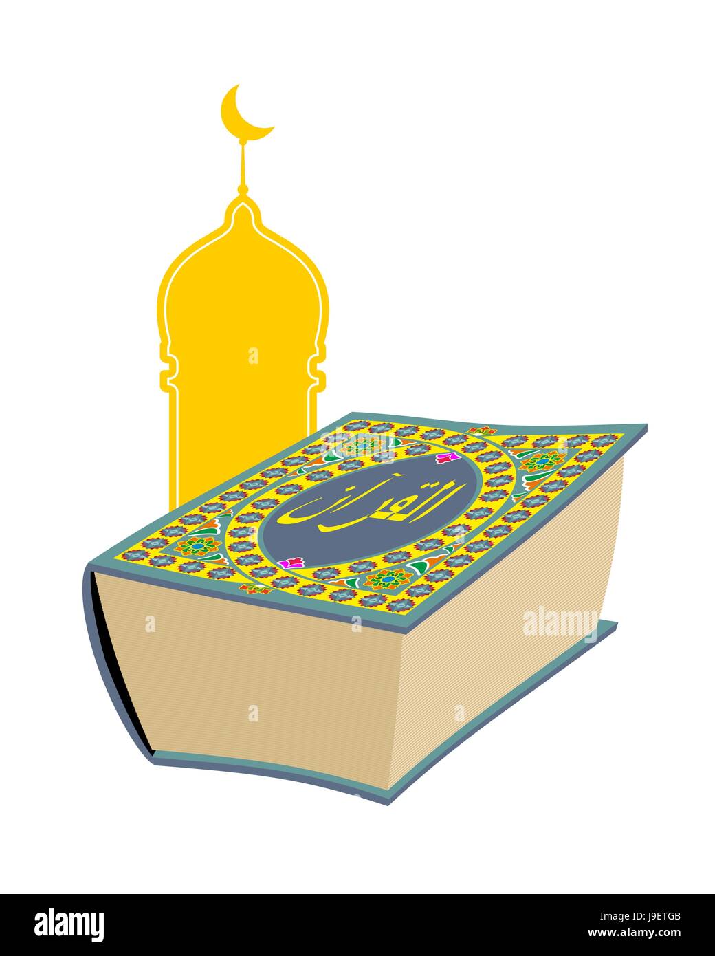 Corano. Il libro sacro dei musulmani. Grande spessore libro e moschea. Testo sul libro in Arabo 'Corano". Illustrazione Vettoriale tema religioso. Illustrazione Vettoriale