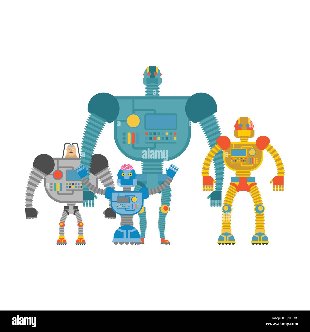 Impostare lo spazio di robot. Cyborg invasori. Macchine umanoidi con intelligenza artificiale e corpo di ferro. Illustrazione Vettoriale