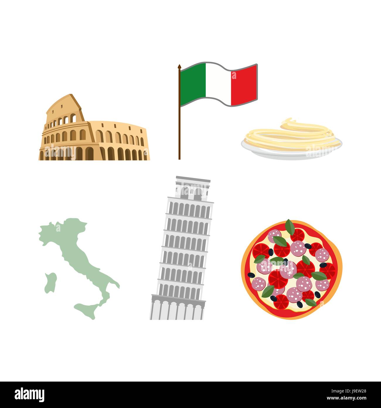 Le icone di set di simboli dell'Italia. Bandiera e la mappa, il Colosseo e la torre pendente, pizza e pasta. Illustrazione Vettoriale