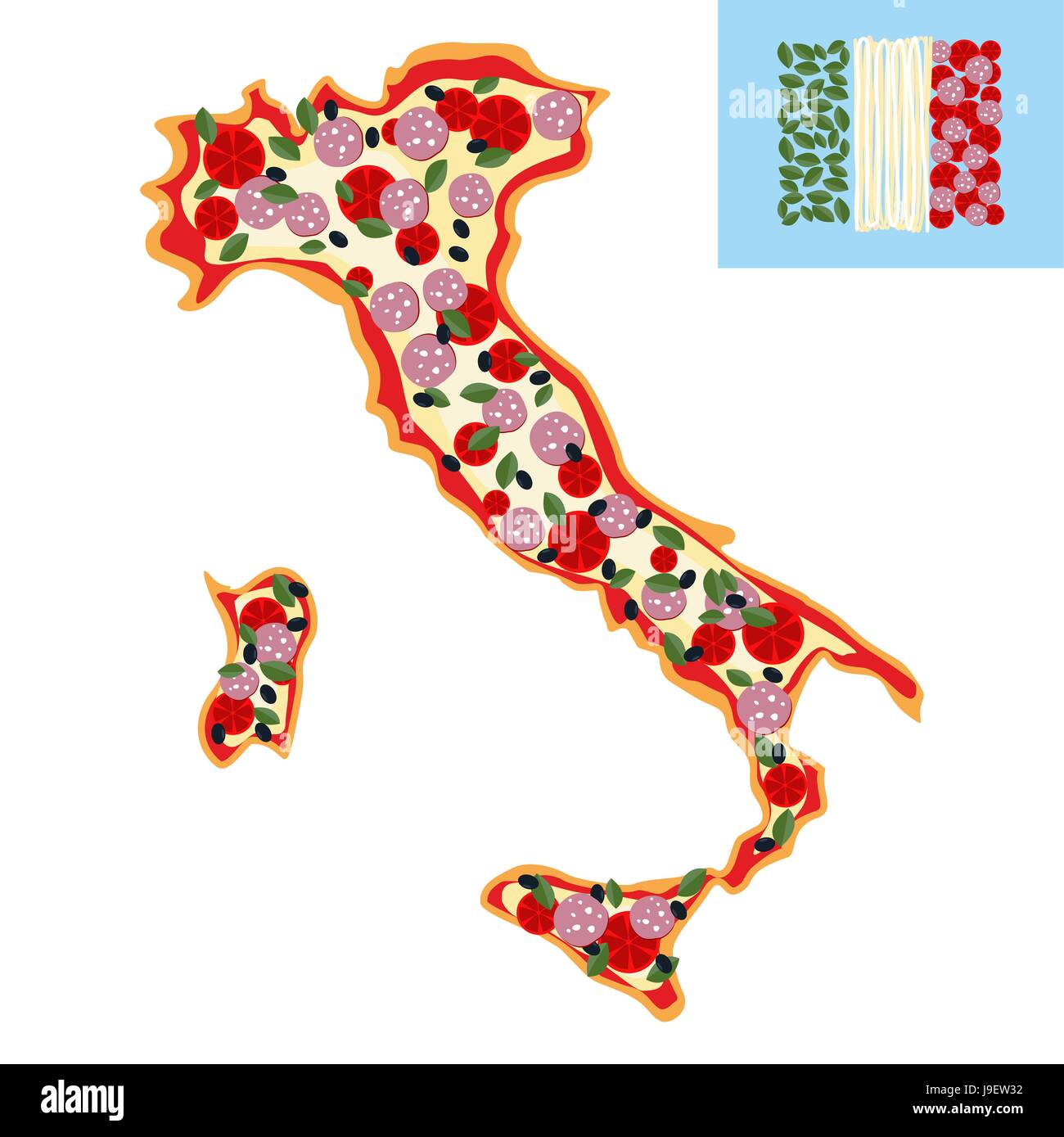 La Pizza in forma di una mappa dell'Italia. Ingredienti: salsicce, formaggio e pomodori. Bandiera Italiana Paese da pomodori e pasta. Illustrazione Vettoriale