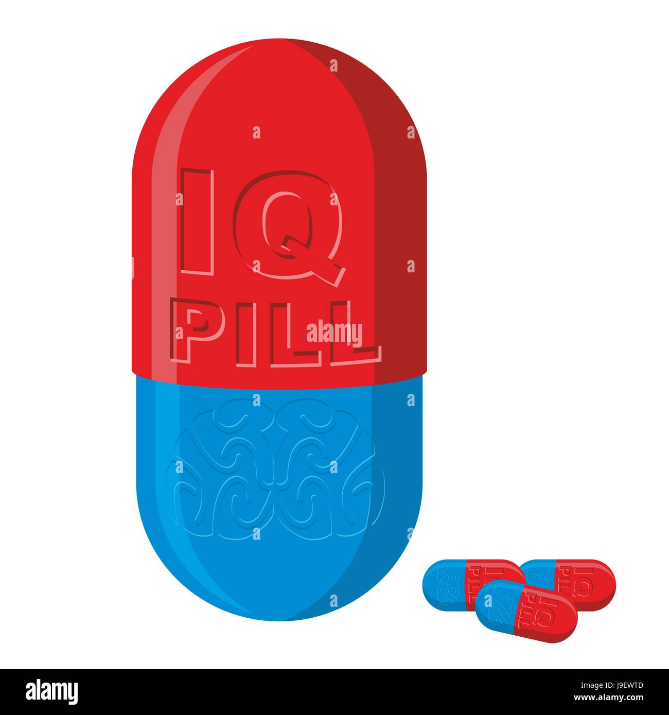 Tablet con cervelli. Pillola IQ. Prodotto medico illustrazione vettoriale. Illustrazione Vettoriale
