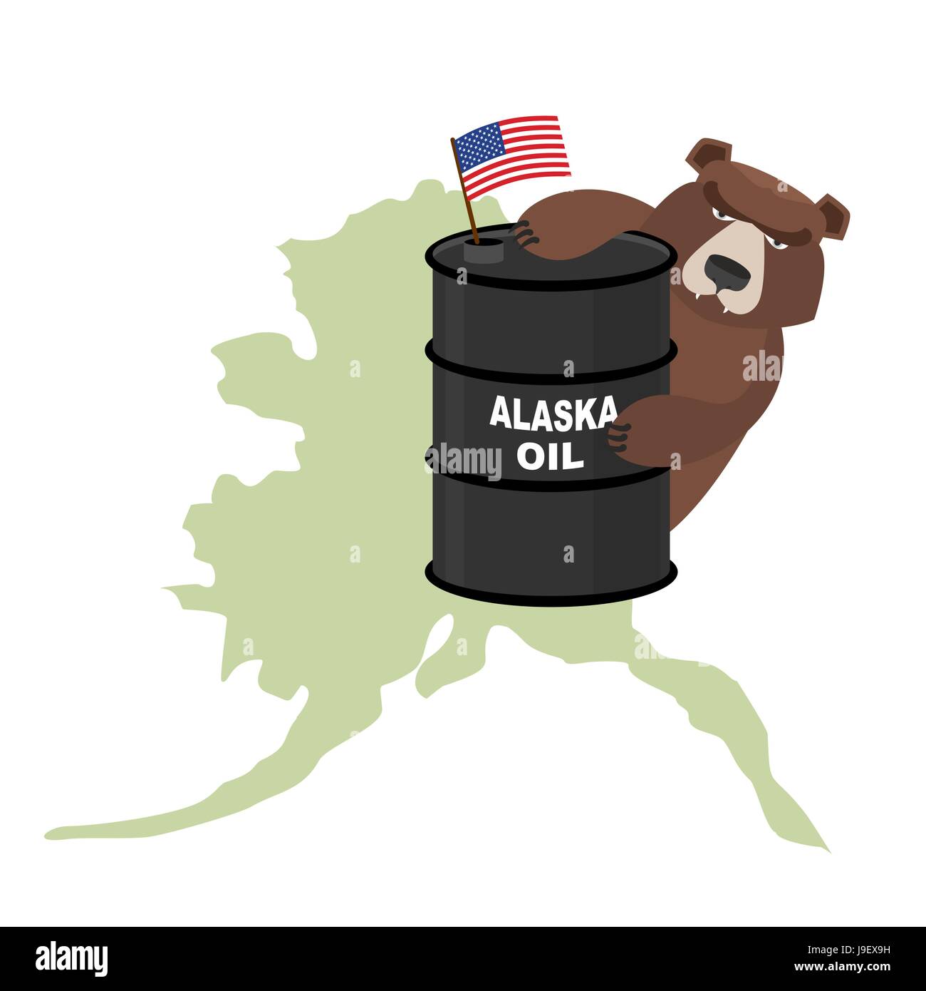 Barile di petrolio in Alaska sfondo mappa. Bandiera degli Stati Uniti. Bear mantiene le zampe un barile. Illustrazione Vettoriale. Illustrazione Vettoriale