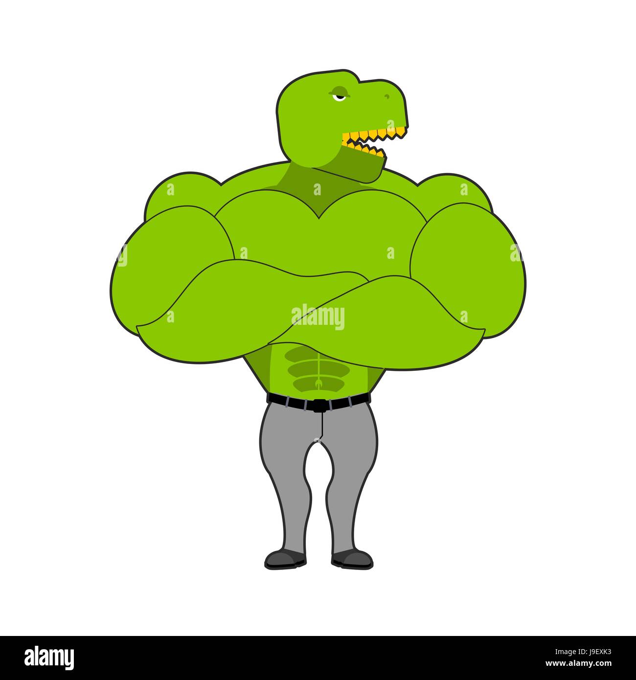 Forte Tirannosauro con grandi muscoli. Dinosauro T-Rex bodybuilder. Animale preistorico in jeans. Monster atleta con grande bicipite. Illustrazione Vettoriale