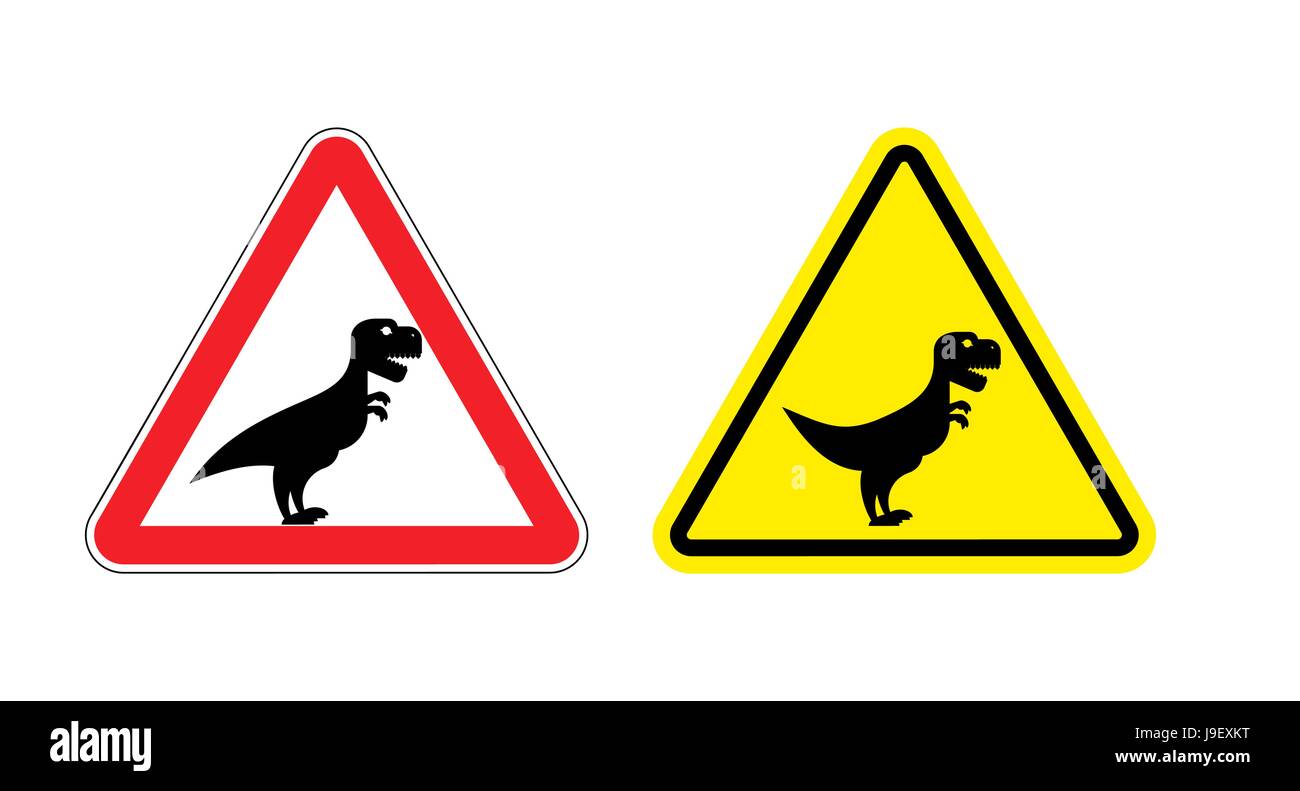 Attenzione di Tirannosauro. Segnaletica di pericolo. Spesa prudenti T-Rex dinosauro. Arrabbiato e spaventoso Predatore del Giurassico. Illustrazione Vettoriale