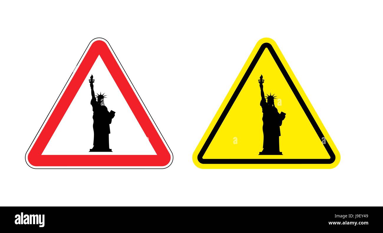 Un cartello di segnalazione di attenzione la Statua della Libertà. Pericoli cartello giallo. America simbolo sul triangolo rosso. Set di segnaletica stradale Illustrazione Vettoriale