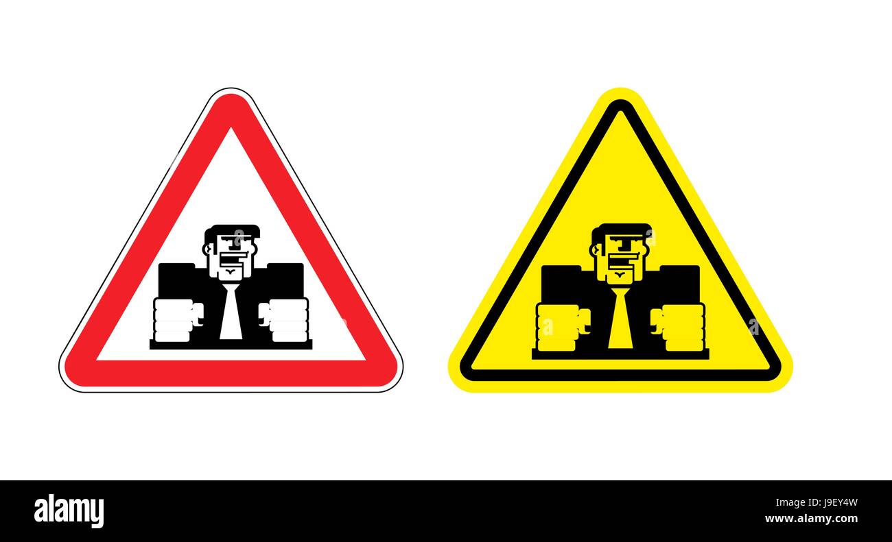 Un cartello di segnalazione di attenzione arrabbiato boss. Pericoli cartello giallo della violenza sul luogo di lavoro. Direttore feroci sul triangolo rosso. Serie di cartelli stradali contro psycholog Illustrazione Vettoriale