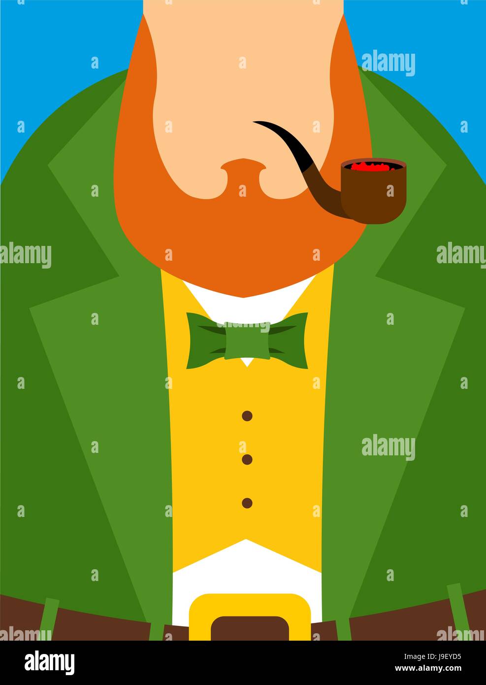 Leprechaun in maglia gialla. Green vecchia tonaca cappotto. Tubo e una grande barba rossa. Illustrazione per la vacanza irlandese per il giorno di San Patrizio. Illustrazione Vettoriale