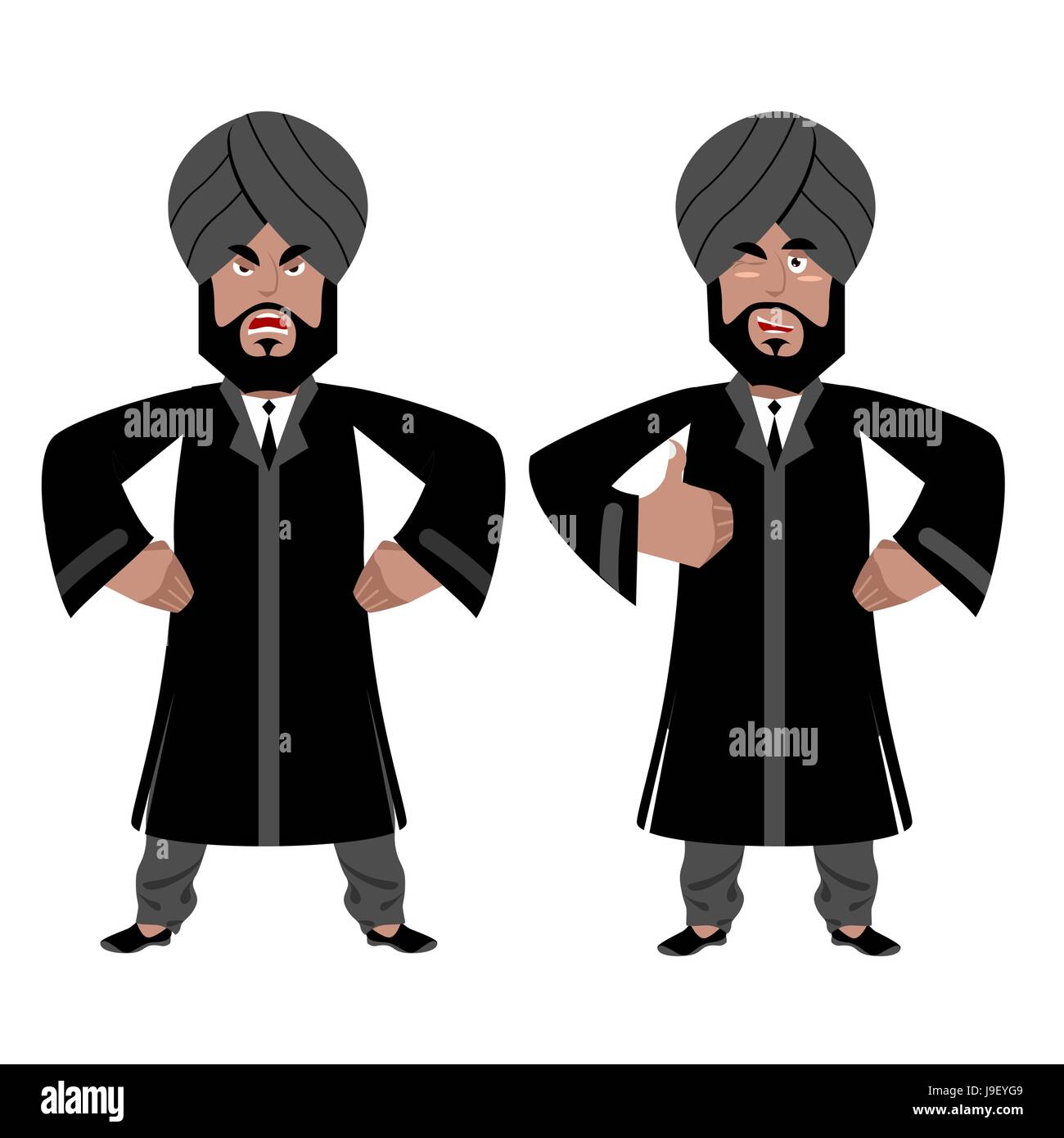 Maharajah indiano set. Arrabbiato, aggressivo e buon imprenditore in India. Indù in turbante e cravatta. Costume tradizionale. Firmare tutto il di destra. Pollice in su. Mano s Illustrazione Vettoriale