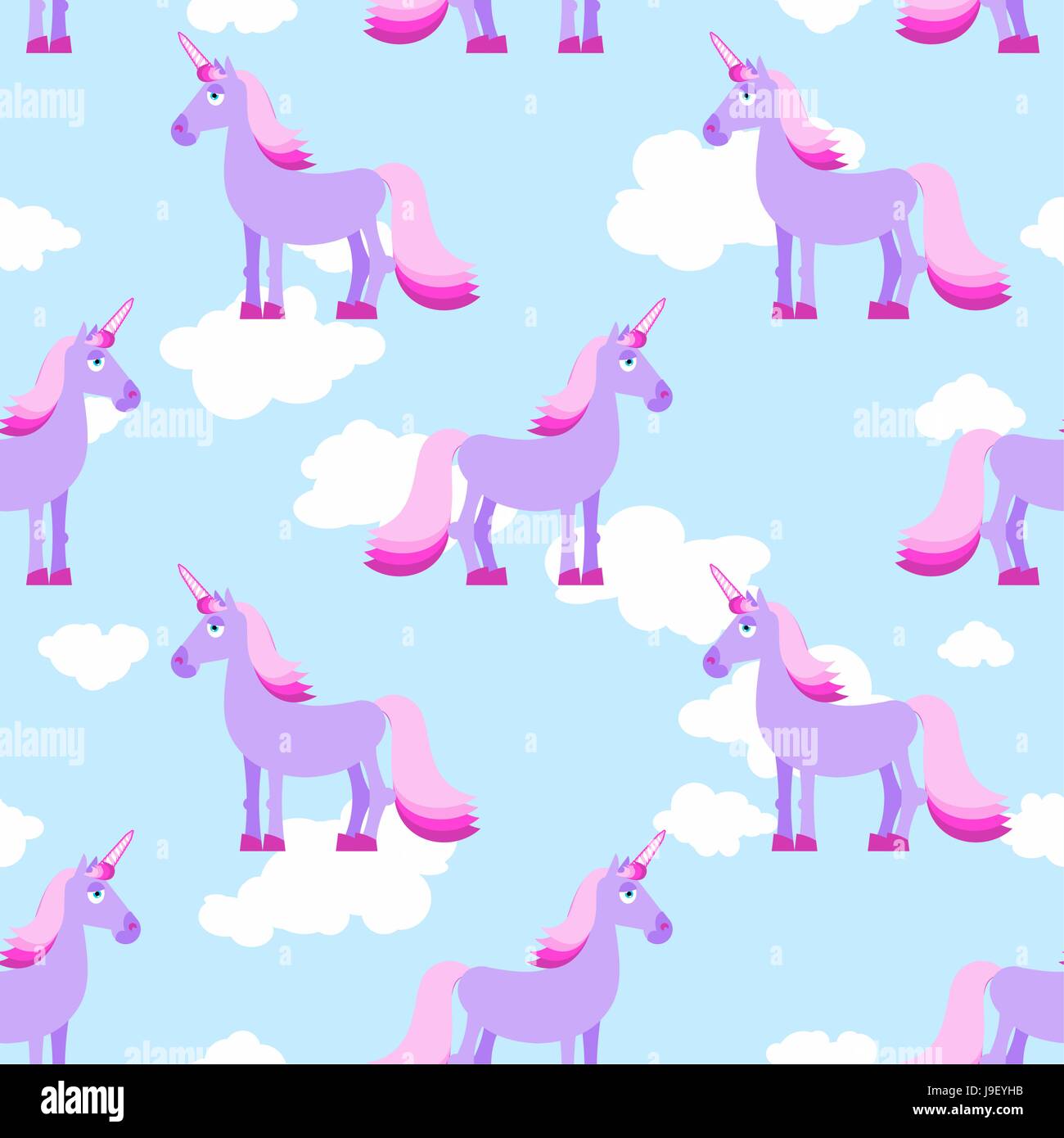 Unicorno viola sul cielo blu con nuvole bianche seamless pattern. Animale fantastico con avvisatore acustico e rosa mane ornamento. La texture di tessuto per bambino Illustrazione Vettoriale