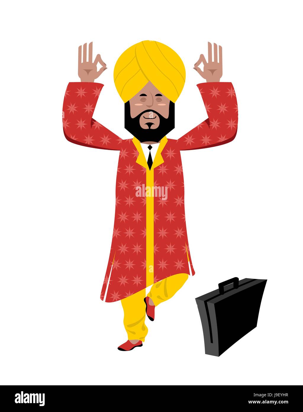 Meditando indù. Commerciante indiano turbante in piedi su una gamba. L'uomo dall'India in turbante e nazionale tuta di yoga. Indian business Yogi Illustrazione Vettoriale