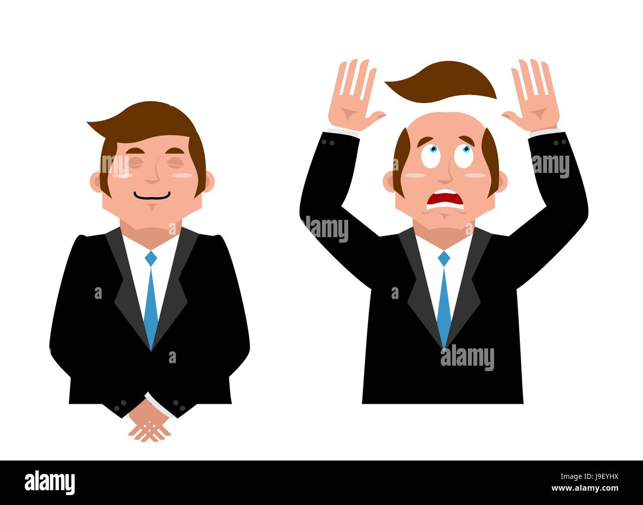 Imprenditore set. Uomo gioioso in tuta. L uomo e la parrucca. Spaventata manager ha perso i suoi capelli. Capelli artificiali ha volato con testa calva. Uomo in confusione Illustrazione Vettoriale