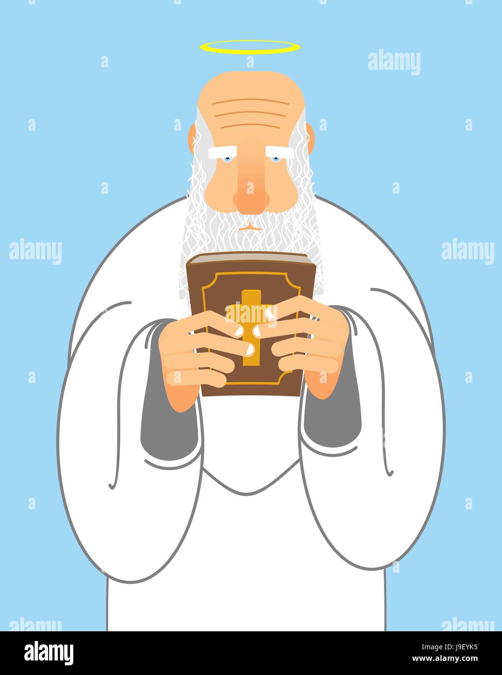 Dio e la Bibbia. Uomo vecchio con la barba detiene la Santa Bibbia. Il Nuovo Testamento e il buon nonno con alone. Religioso cristiano illustrazione. Illustrazione Vettoriale