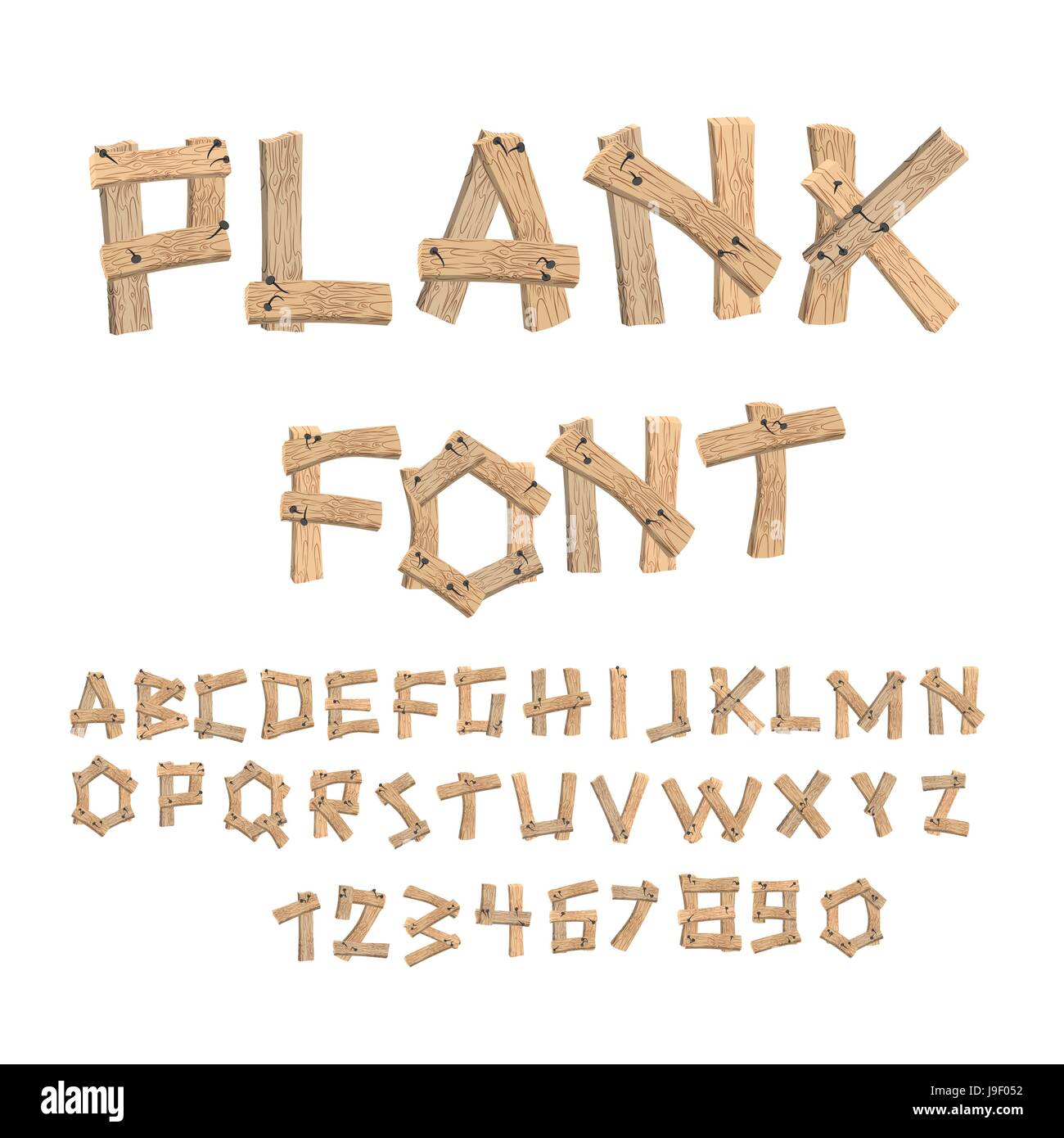 Plank font. Tavolo in legno alfabeto. Vecchie schede madri con chiodi ABC. lettere messe insieme dal legno vintage. Paese font testurizzato con travi di legno Illustrazione Vettoriale