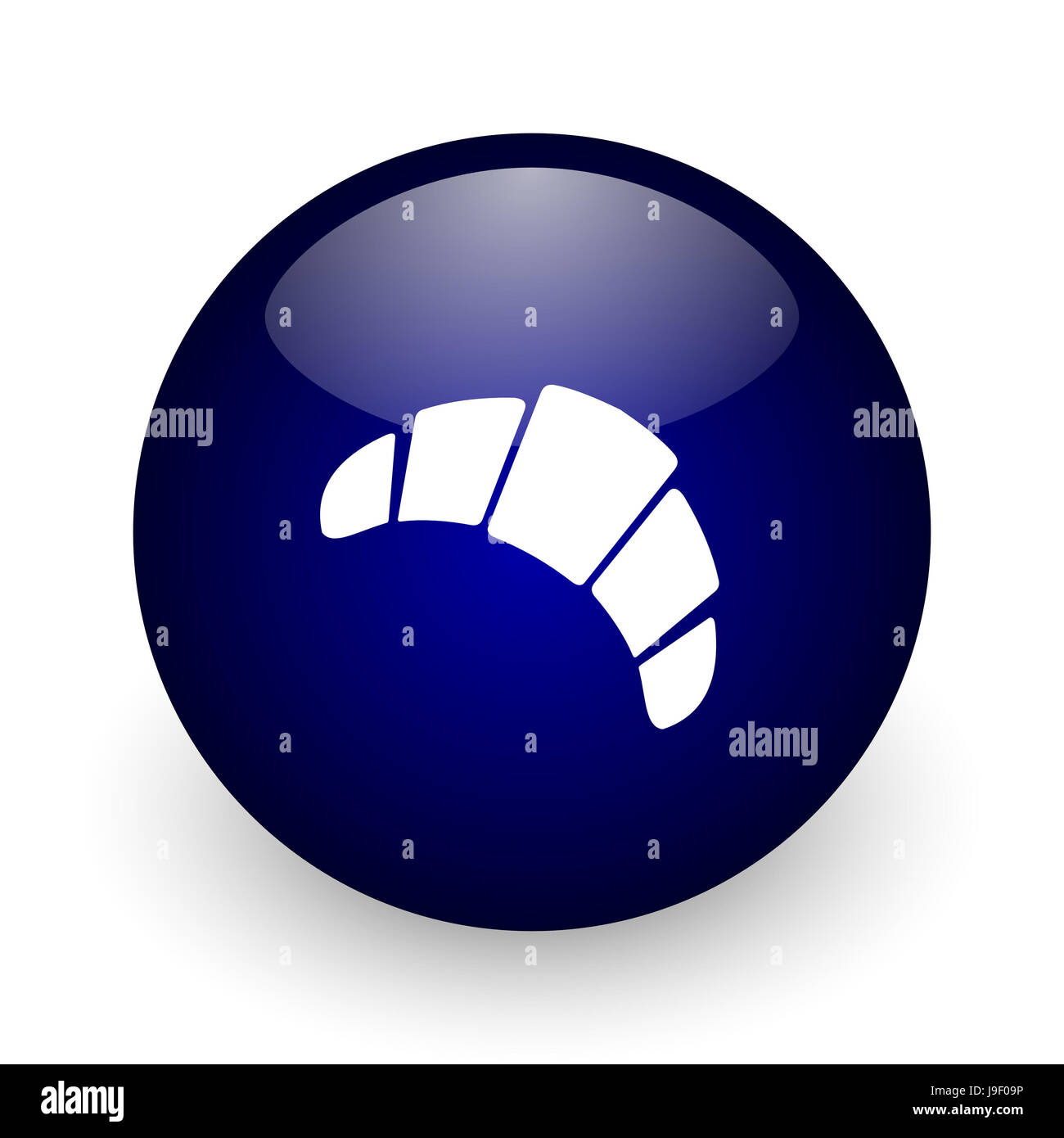 Croissant blu sfera lucida web, icona su sfondo bianco. Round 3D render pulsante. Foto Stock