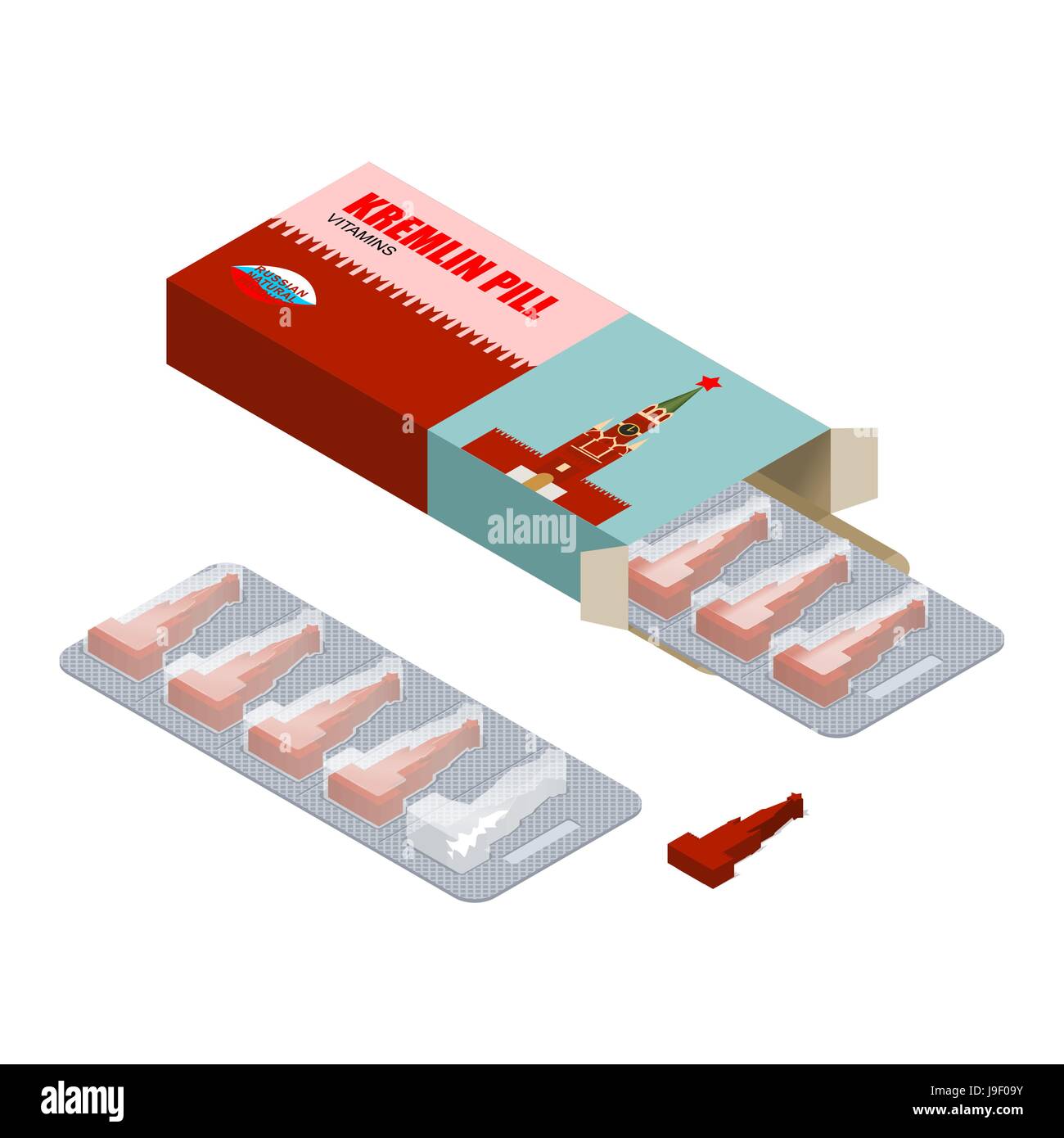 Il Cremlino pillola di vitamine. Le compresse di russo. Pillole nel pack. Prodotti naturali per il patriottismo in forma di rosso del Cremlino di Mosca. Medicamento nazionale. Medical dru Illustrazione Vettoriale