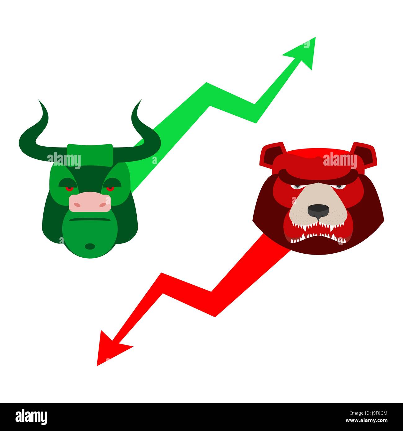Green Red Bull e bear. Gli operatori di borsa. Business allegoria. Caduta e Ascesa di citazioni. Il verde e il rosso a forma di freccia. Set di caratteri per il business in Illustrazione Vettoriale