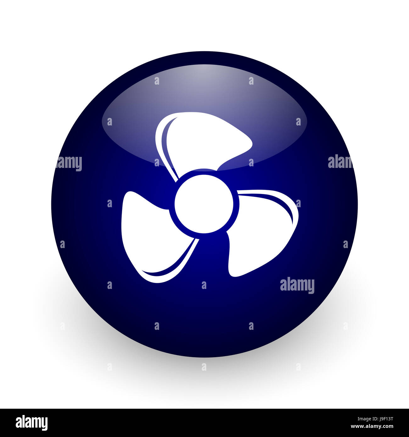 La ventola di colore blu sfera lucida web, icona su sfondo bianco. Round 3D render pulsante. Foto Stock