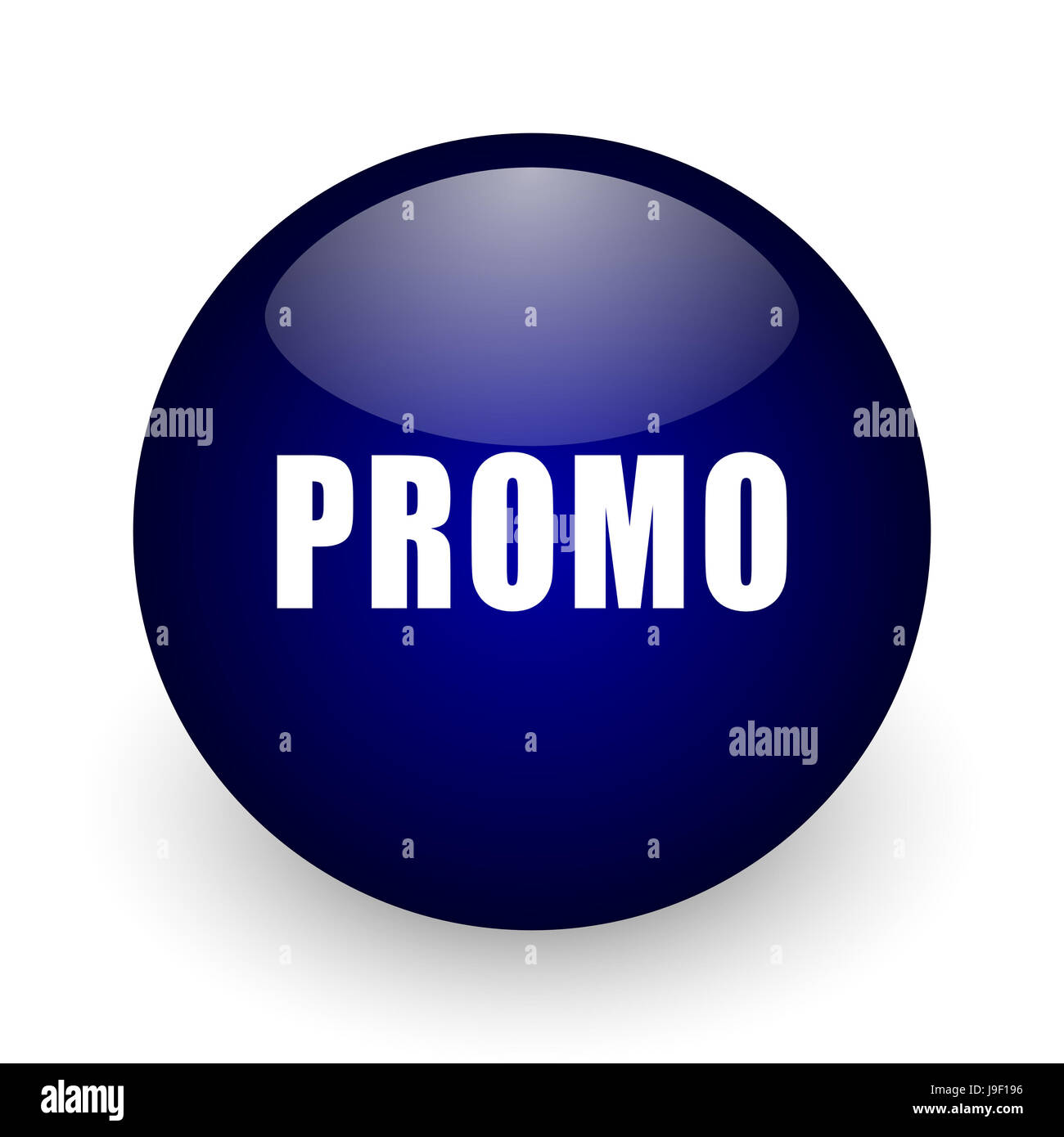 Promo blu sfera lucida web, icona su sfondo bianco. Round 3D render pulsante. Foto Stock