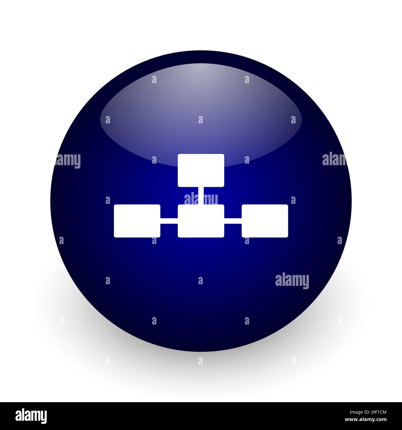 Database lucida blu sfera icona web su sfondo bianco. Round 3D render pulsante. Foto Stock