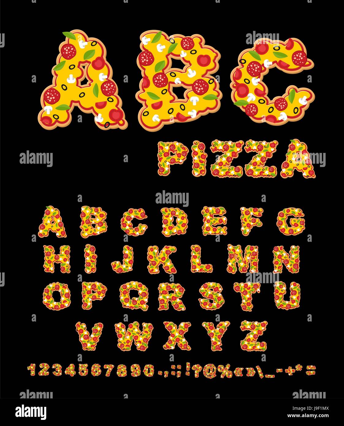 ABC Pizza. Lettere di appetitosi dal fast food. Font commestibili di cibo tradizionale italiano. Gustosa alfabeto. Pomodori e le erbe fresche. Pezzo di salame e w Illustrazione Vettoriale