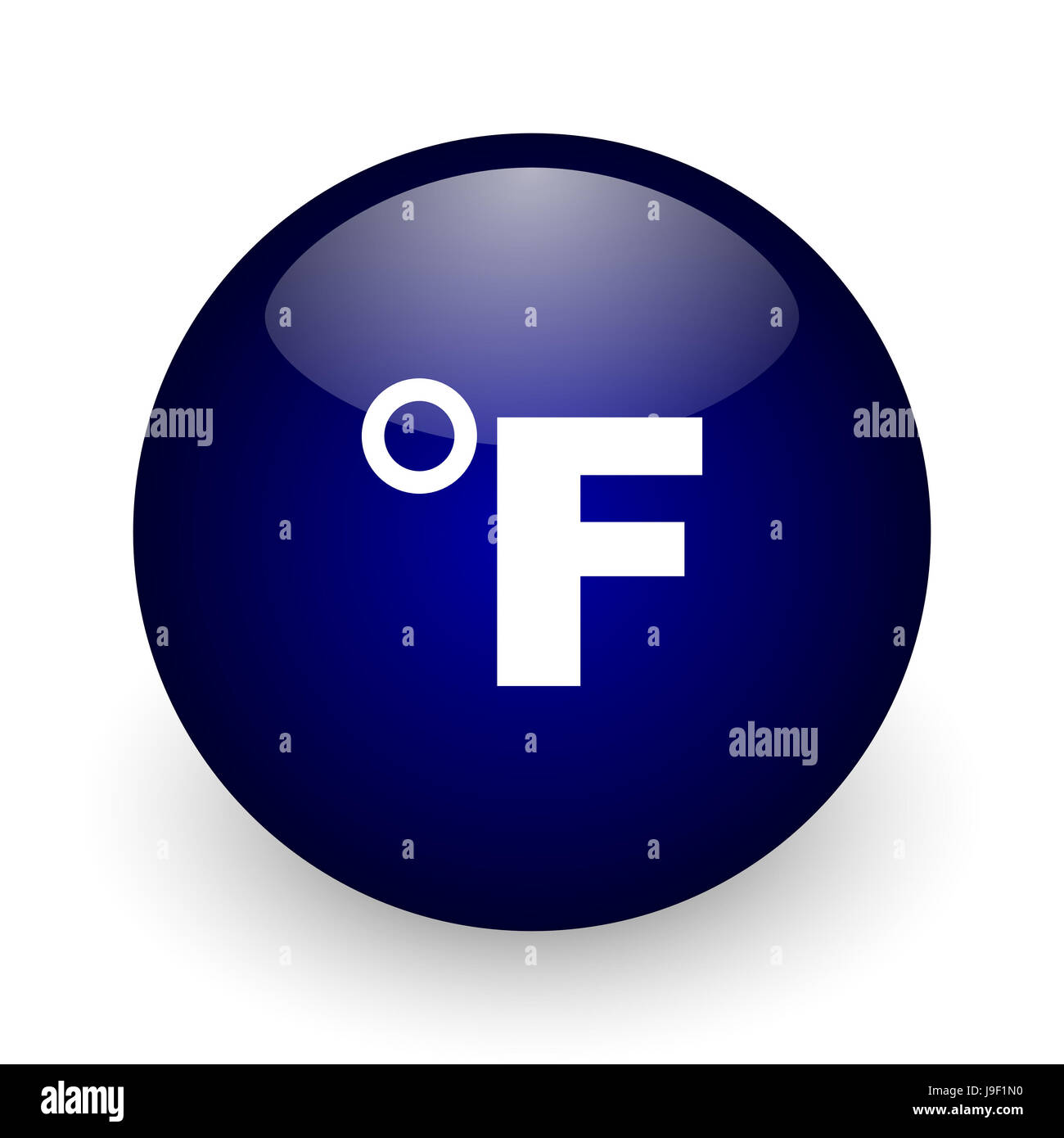 Fahrenheit blu sfera lucida web, icona su sfondo bianco. Round 3D render pulsante. Foto Stock