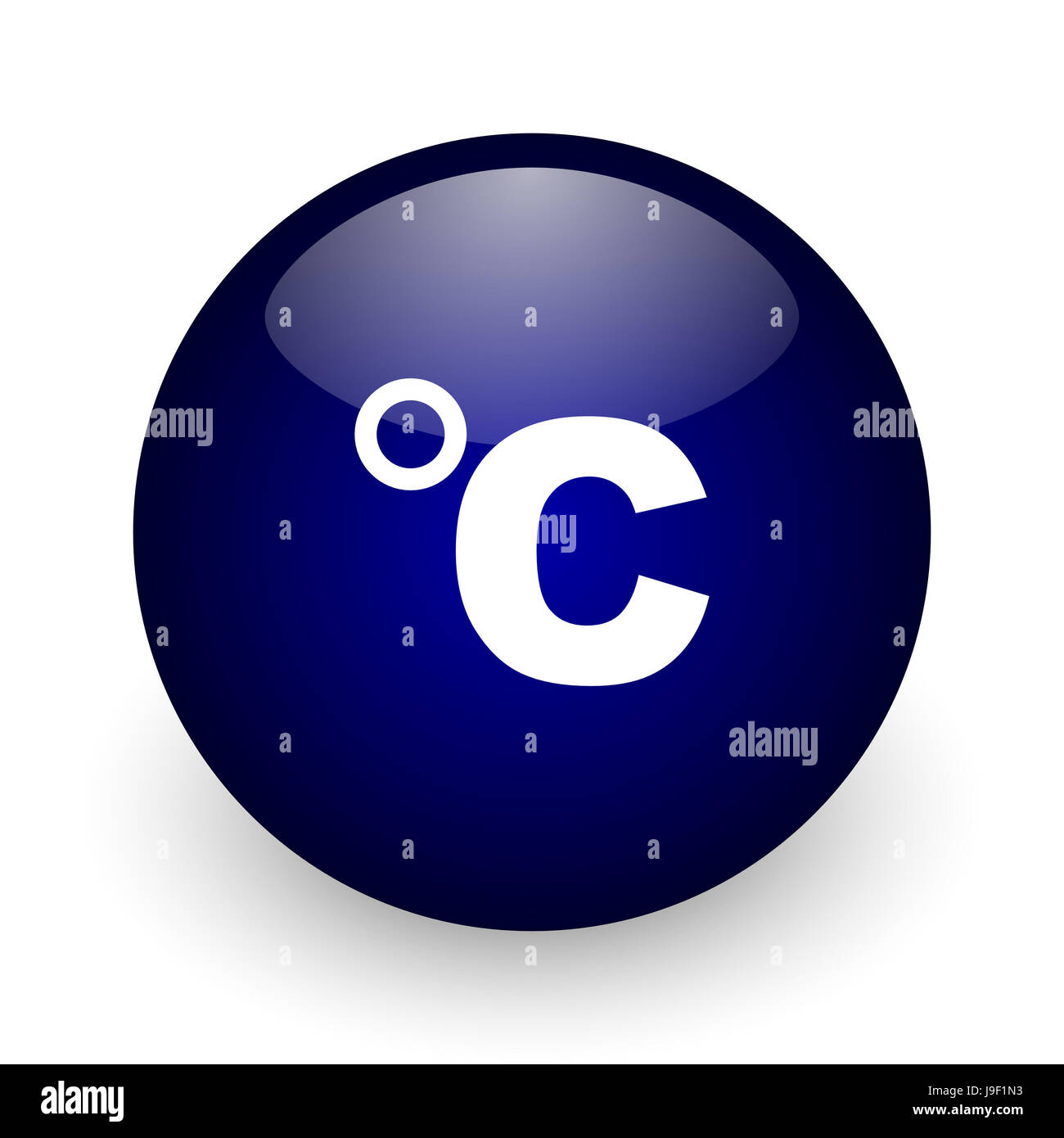 Celsius blu sfera lucida web, icona su sfondo bianco. Round 3D render pulsante. Foto Stock