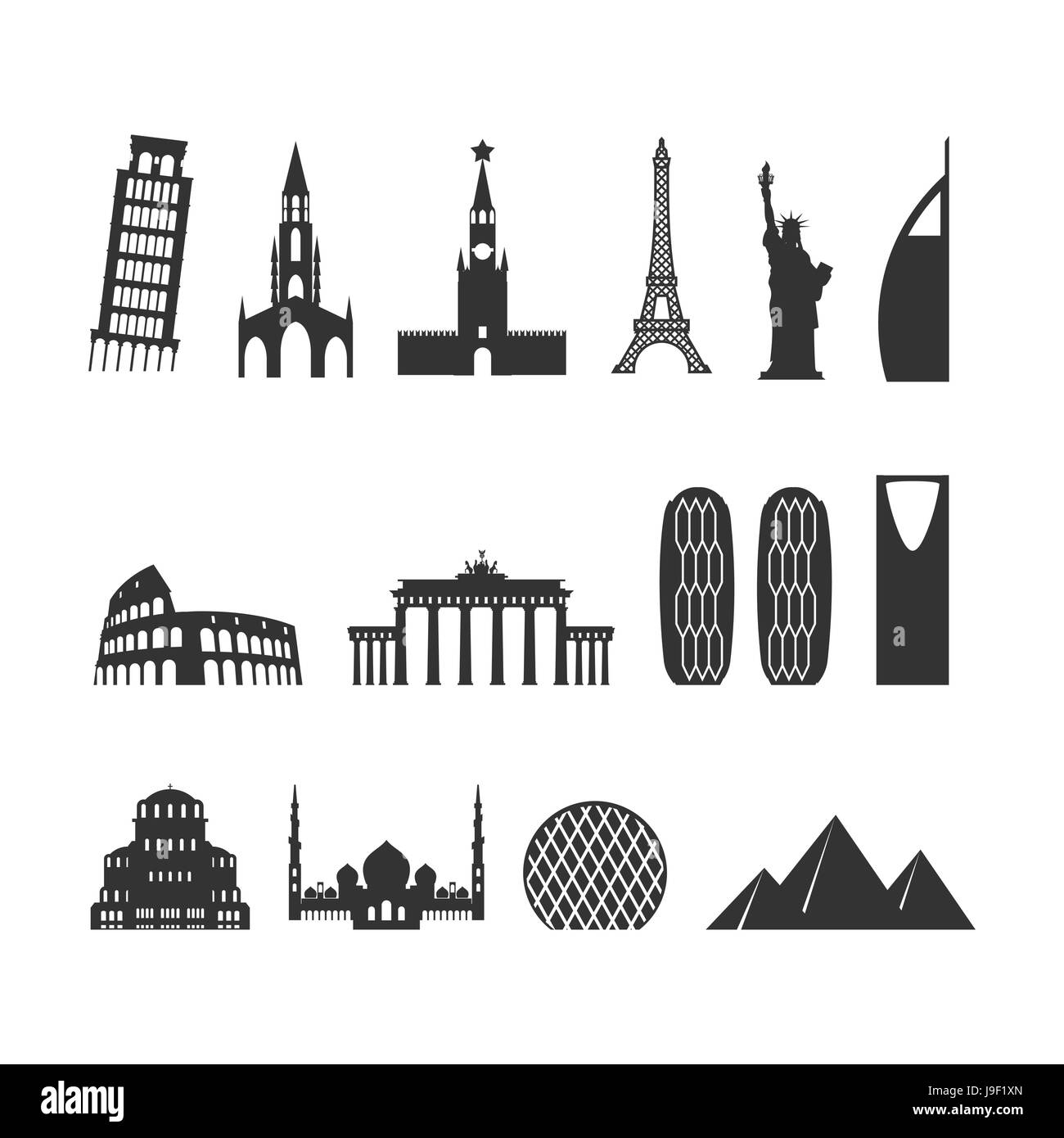 Punto di riferimento set da viaggio. silhouette monumenti architettonici. Stato noto dell'edificio. La Torre Eiffel e il Cremlino di Mosca. Torre pendente e la Statua della libert Illustrazione Vettoriale