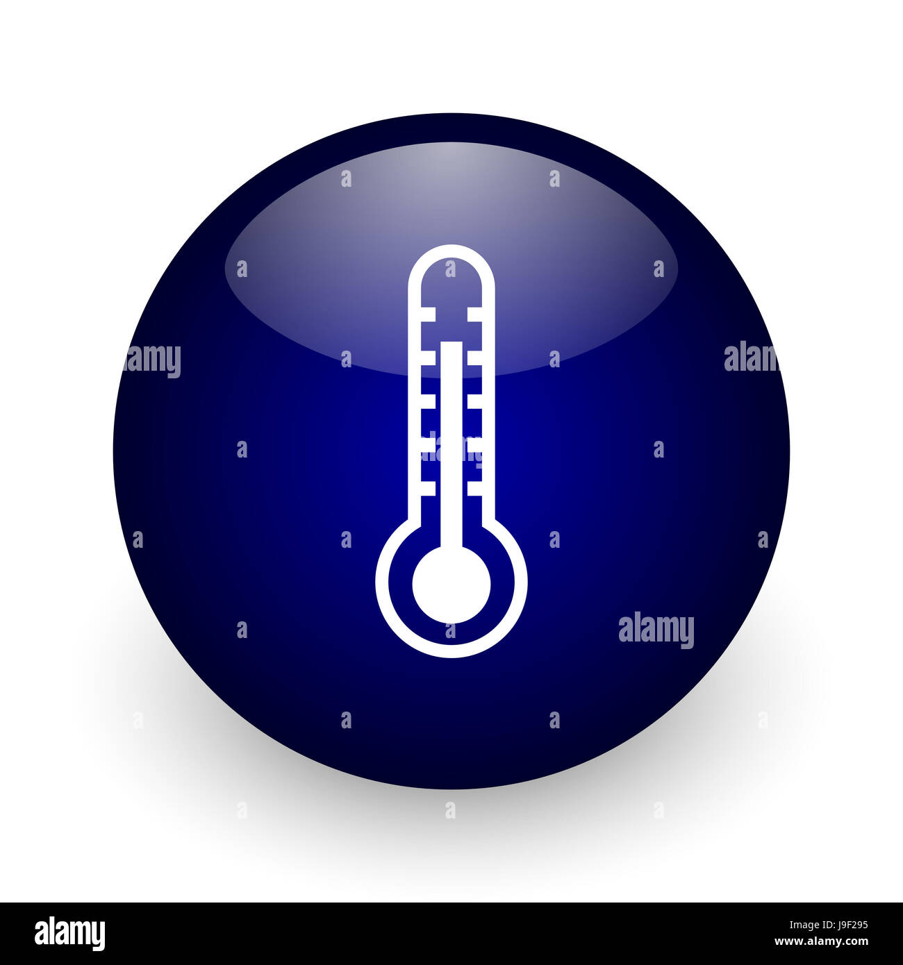 Termometro blu sfera lucida web, icona su sfondo bianco. Round 3D render pulsante. Foto Stock