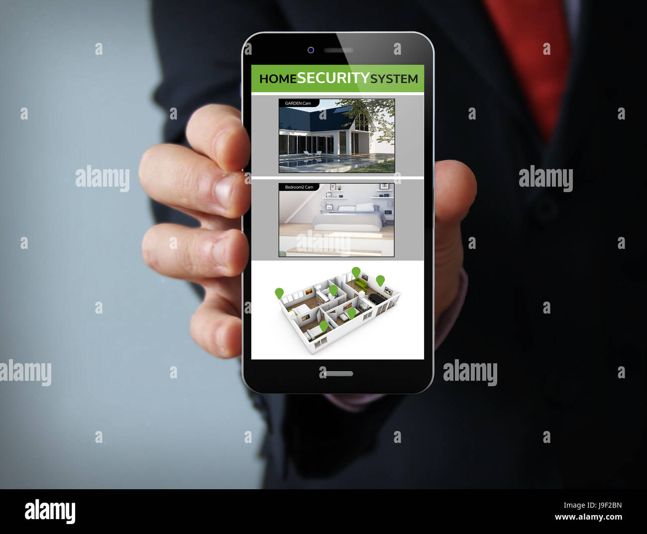 Le nuove tecnologie il concetto: imprenditore mano che tiene un 3d generati toccare telefono con camma di sicurezza sullo schermo. Grafici dello schermo sono costituiti. Foto Stock