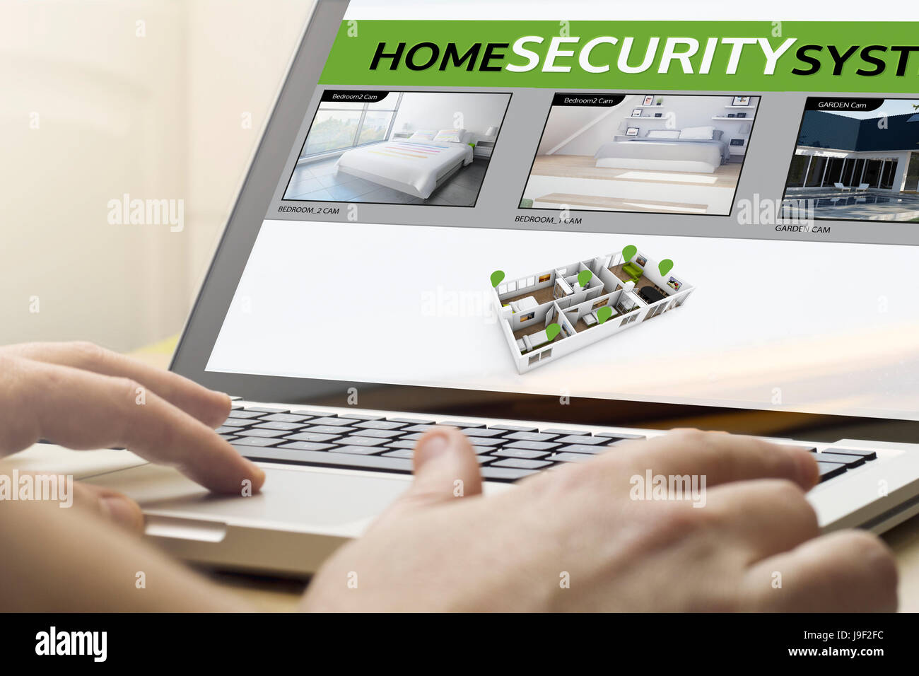 Concetto di sicurezza: un uomo che sta utilizzando un computer portatile con cctv sullo schermo. Grafici dello schermo sono costituiti. Foto Stock