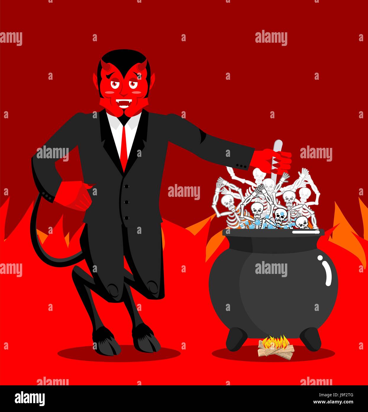 Diavolo bollire i peccatori caldaia. Demone per la cottura grande nero pan. Scheletri nel passo di ebollizione. Hells tormenti. I tentativi del diavolo morto. Prezzo pagato per i peccati. Religiou Illustrazione Vettoriale