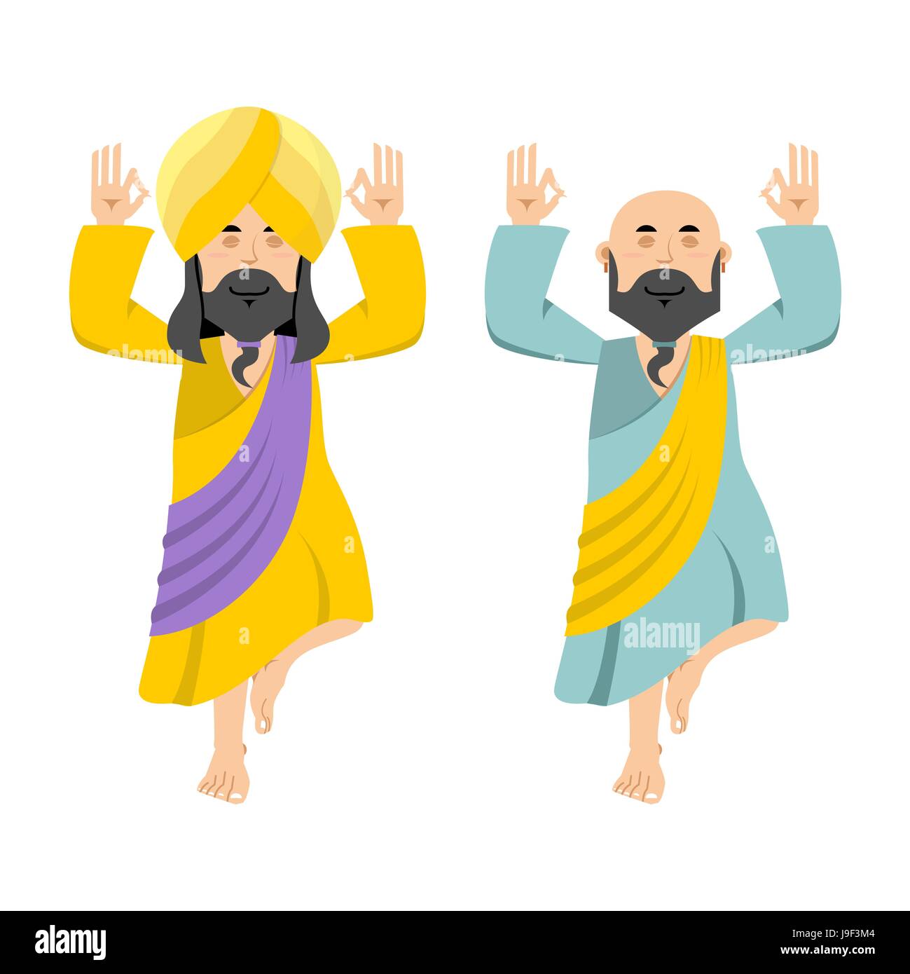 Yogi indiano medita. Due persone che praticano lo yoga. La meditazione su una gamba. L'uomo nel Nirvana Illustrazione Vettoriale