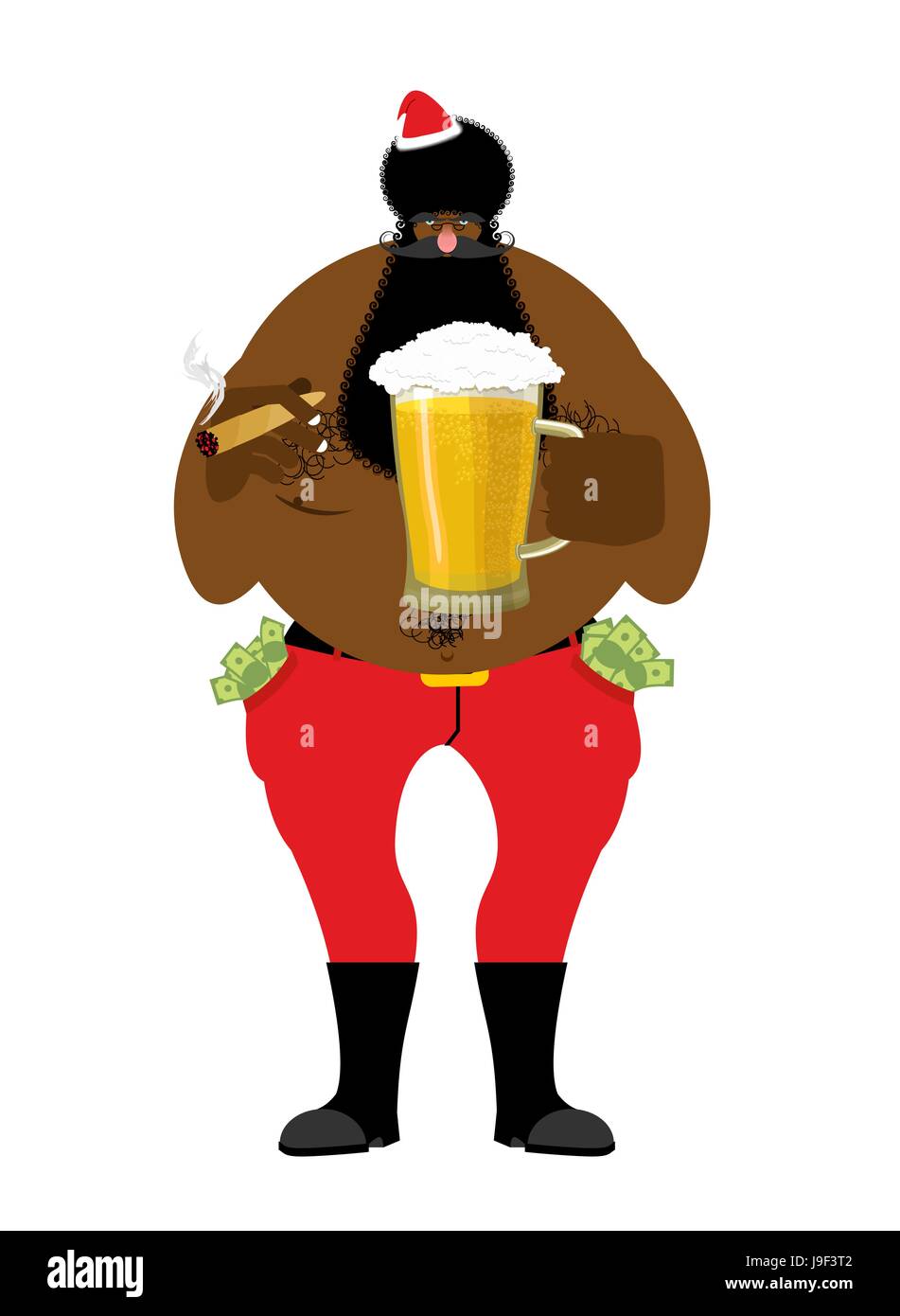 Bad Black Santa con birra e sigari. African American Santa Claus. soldi in tasca. bere lontano guadagni. Bullo di natale. Nuovo anno celebrazione Illustrazione Vettoriale