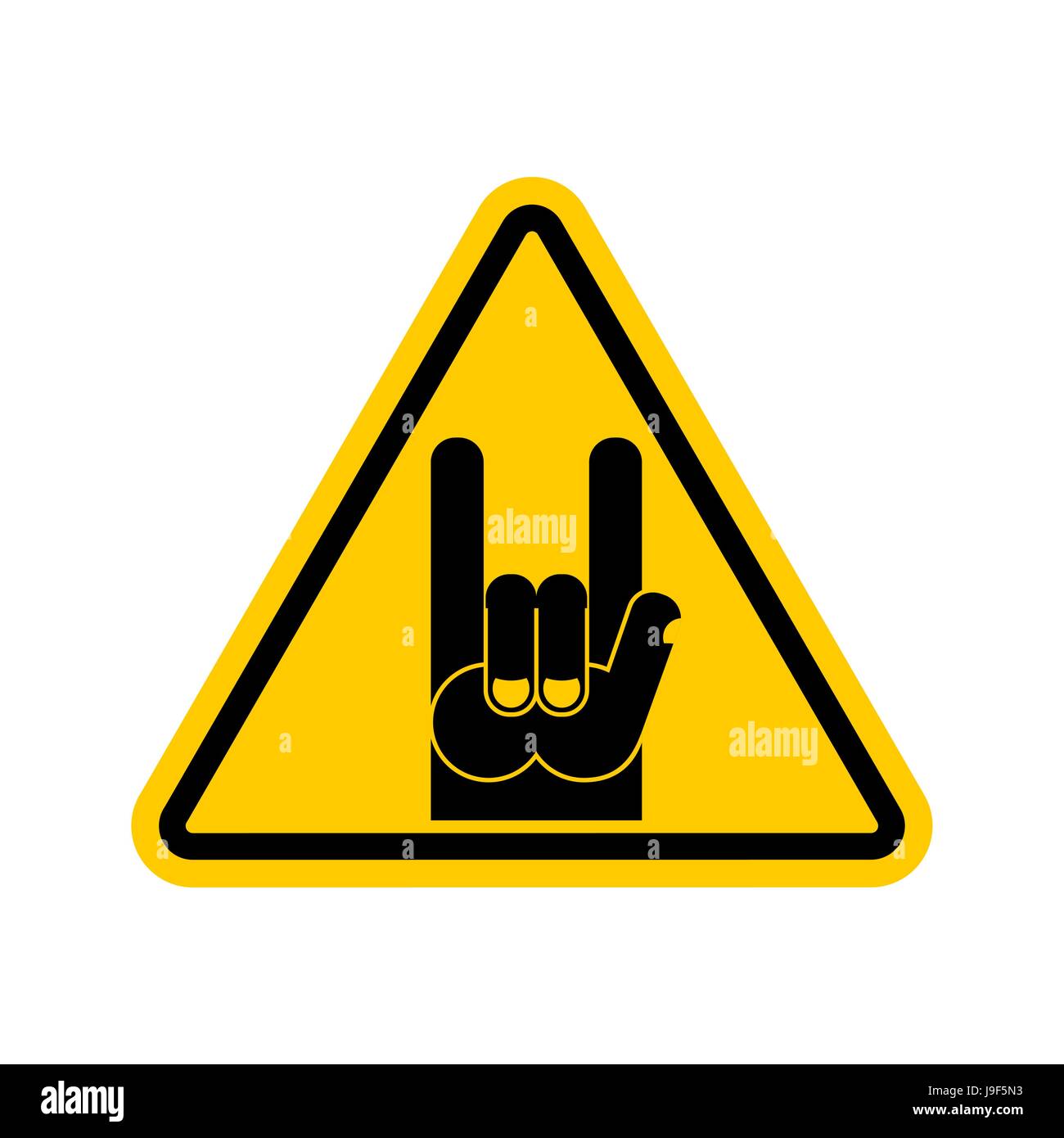 Attenzione la musica rock. Avvertenza rock simbolo mano. Pericolo cartello stradale triangolo giallo Illustrazione Vettoriale