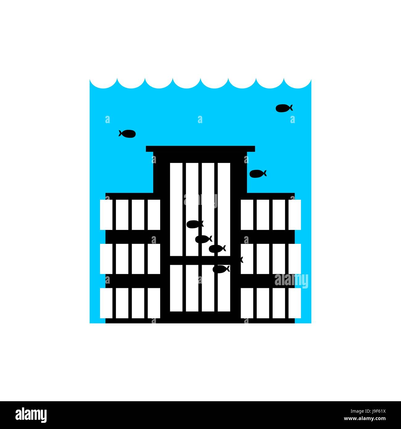 Edificio di inondazione. Casa di allagamento. Molti di architettura d'acqua. Diluvio istituzione. spontanea di disastro. Tsunami cataclysm city Illustrazione Vettoriale