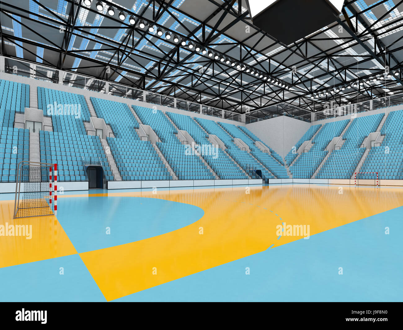 3D render di splendida arena sportiva per la pallamano con faretti e cielo blu posti VIP e scatole per dieci mila persone Foto Stock