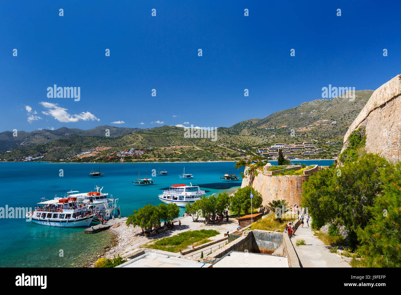Sito Storico di Spinalonga island su una soleggiata giornata di primavera, Creta, Grecia. Foto Stock