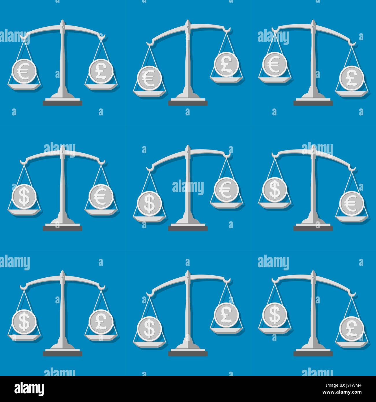 Bilancia con il dollaro, euro e sterlina inglese e simboli. Foreign Exchange Forex concetto. Set 1. Illustrazione Vettoriale. Illustrazione Vettoriale