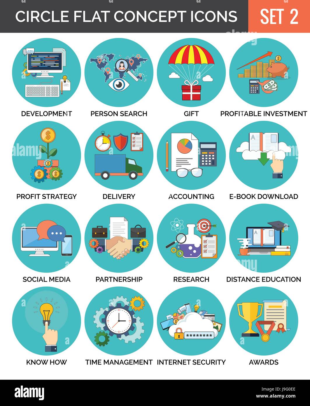 Cerchio colorato concetto icone. Design piatto. Set 2. Business, finanza, formazione, tecnologia simboli e metafore. Illustrazione Vettoriale