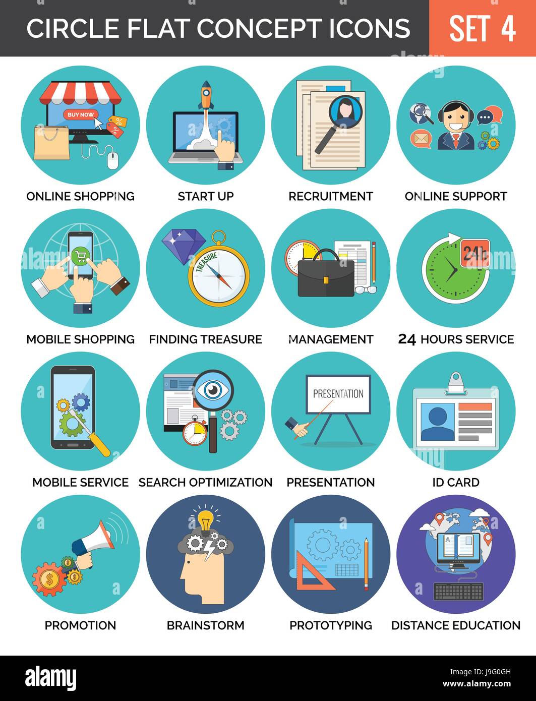 Cerchio colorato concetto icone. Design piatto. Set 4. Business, finanza, formazione, tecnologia simboli e metafore. Illustrazione Vettoriale