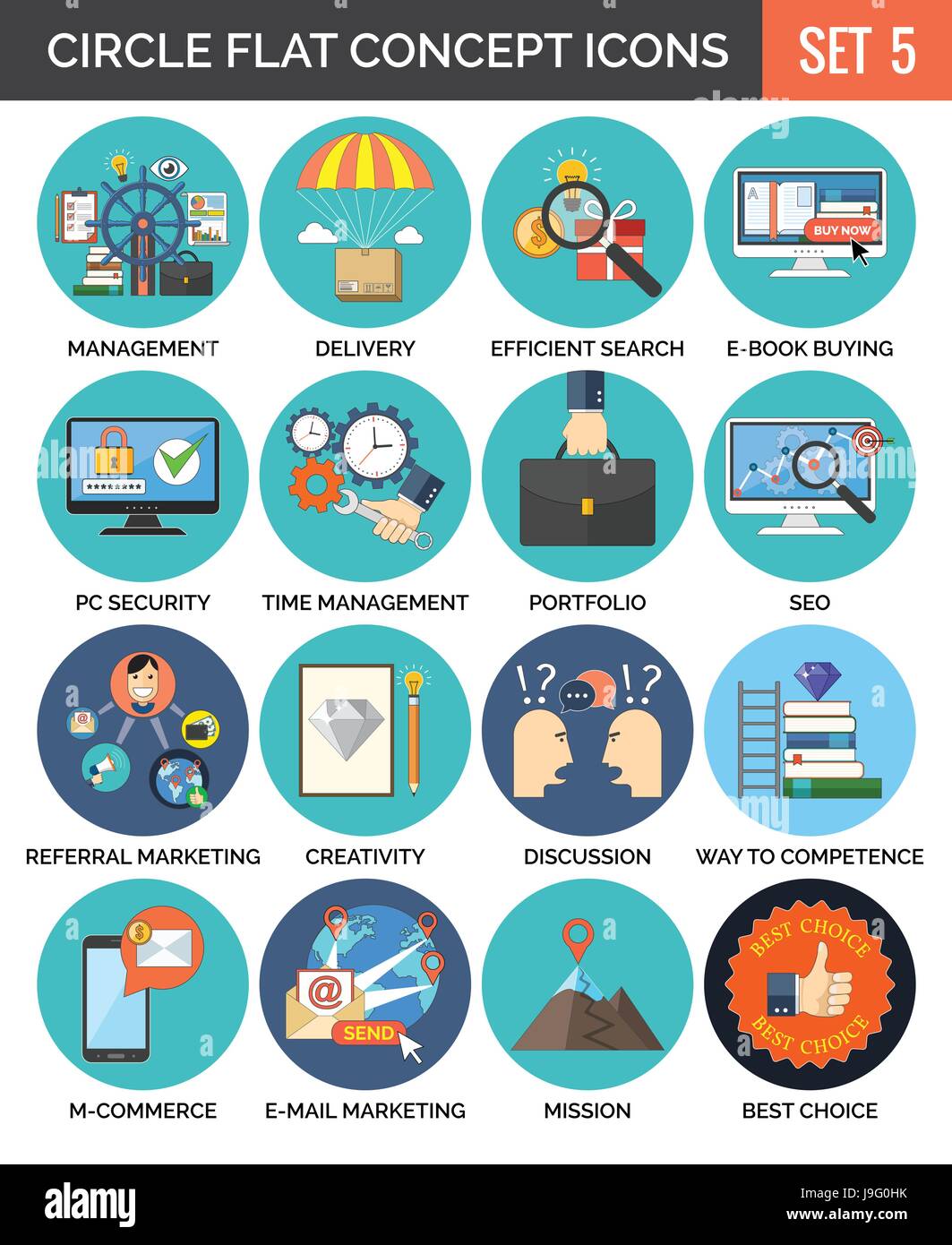 Cerchio colorato concetto icone. Design piatto. Set 5. Economia, finanza, istruzione, la tecnologia, la creatività di simboli e metafore. Illustrazione Vettoriale