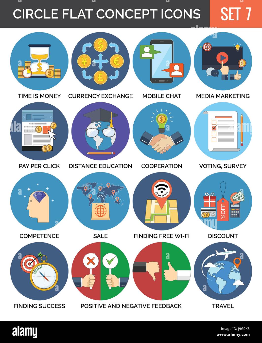 Cerchio colorato concetto icone. Design piatto. Set 7. Business, finanza, formazione, tecnologia, Feedback, viaggi simboli e metafore. Illustrazione Vettoriale