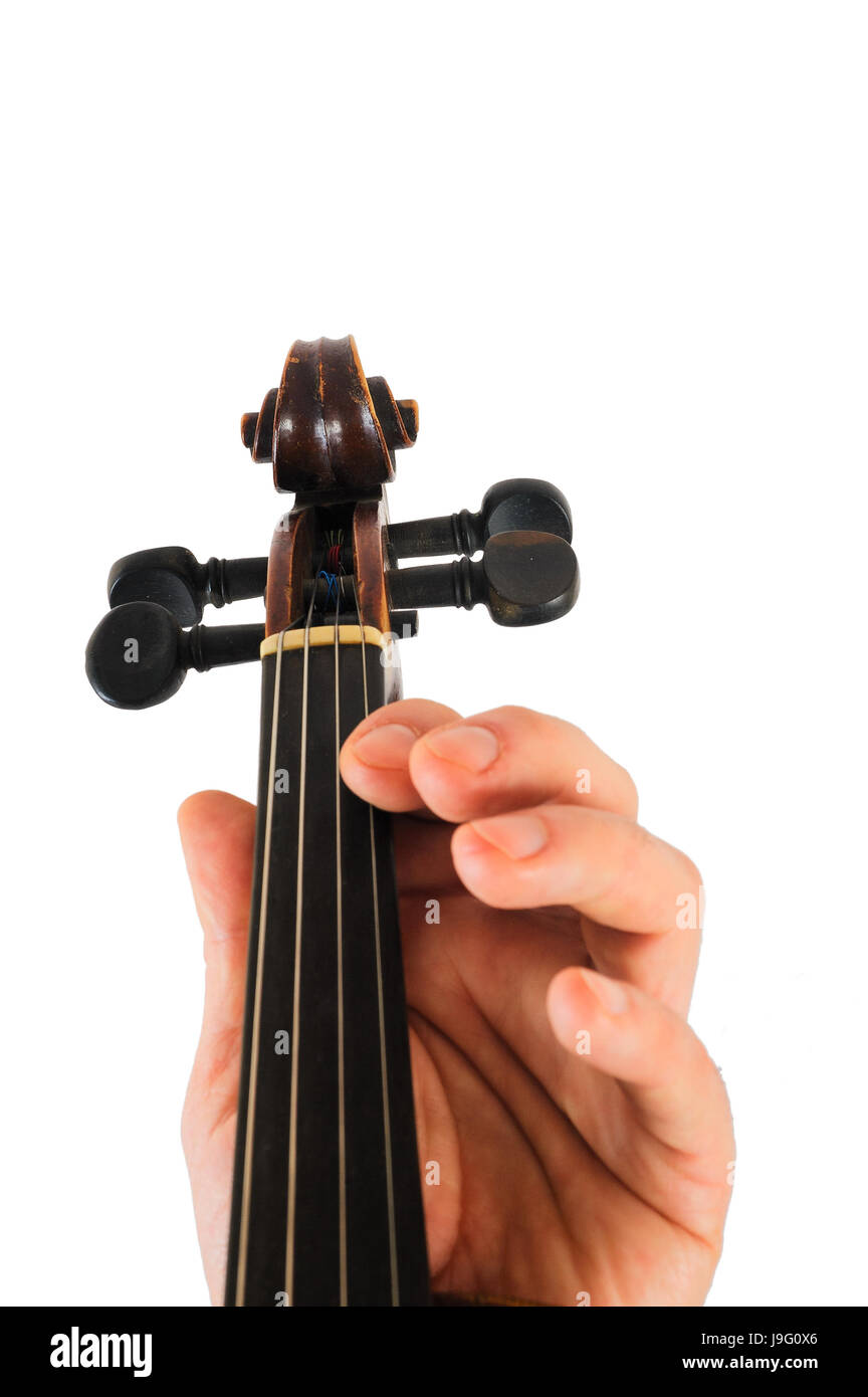 Immagine violino risiede in una mano umana.stringa strumento isolato su sfondo bianco.dita riprodurre musica Foto Stock