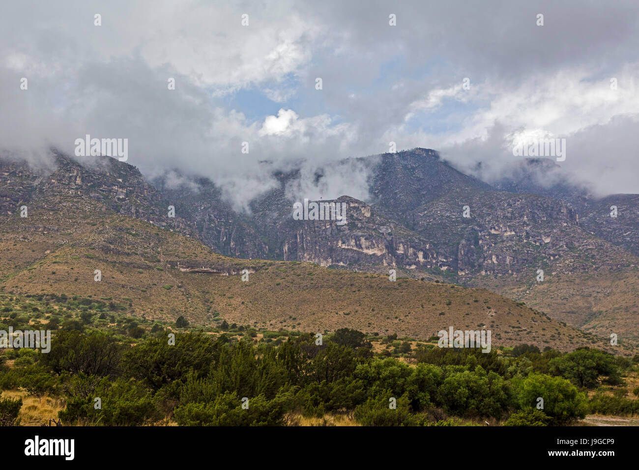 Molle di pino, Texas - una tempesta di compensazione sopra le Montagne Guadalupe nel Parco Nazionale delle Montagne Guadalupe. Foto Stock